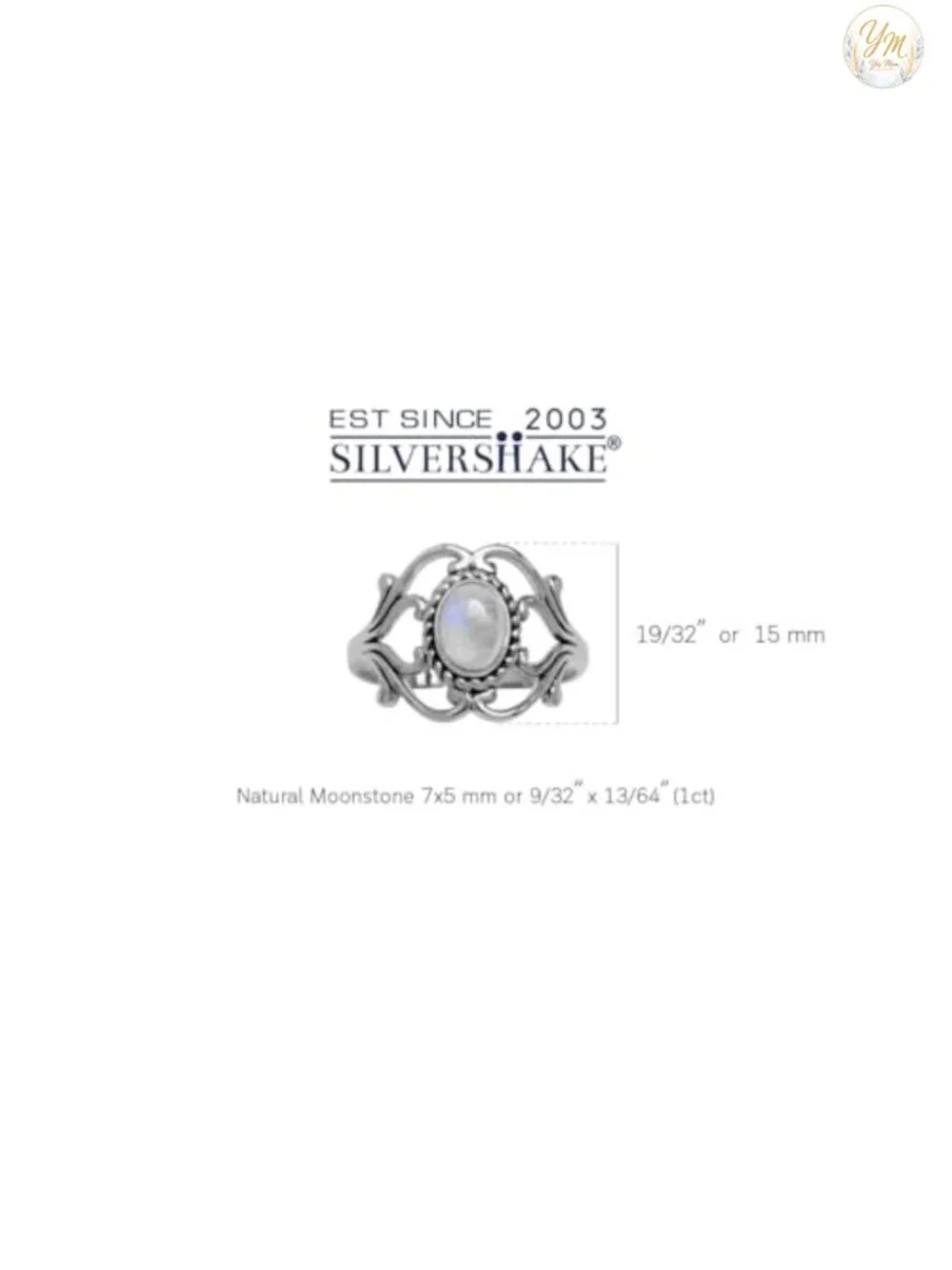 Victorian Style Moonstone Sterling Silver Ring, White Gold Plated Bezel Set